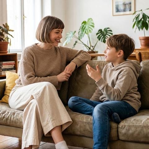 Parent échangeant avec son enfant dans un environnement chaleureux